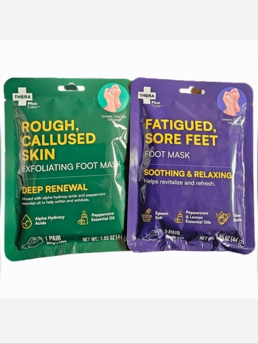 NWT 》2×《 THERA PLUS CARE EXFOLIATING FOOT MASKS: FATIGUED, SORE+ROUGH, CALLUSED!